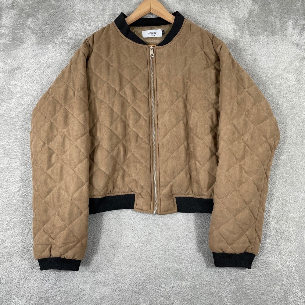 Disney Quilted Bomber Jacket Women's Medium Tan Faux Suede Full Zip Streetwear